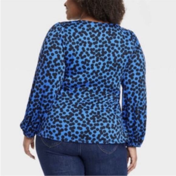 Ava & Viv Blue Polka Dot Long Sleeve Knot Front Blouse - Picture 2 of 10